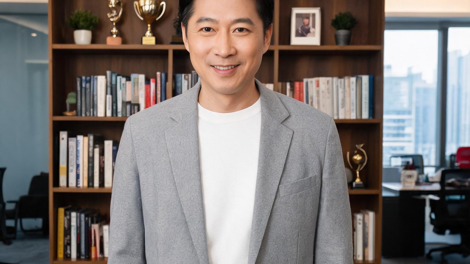 开云体育创始人张明远，身着休闲西装，面带微笑站在办公室书架前