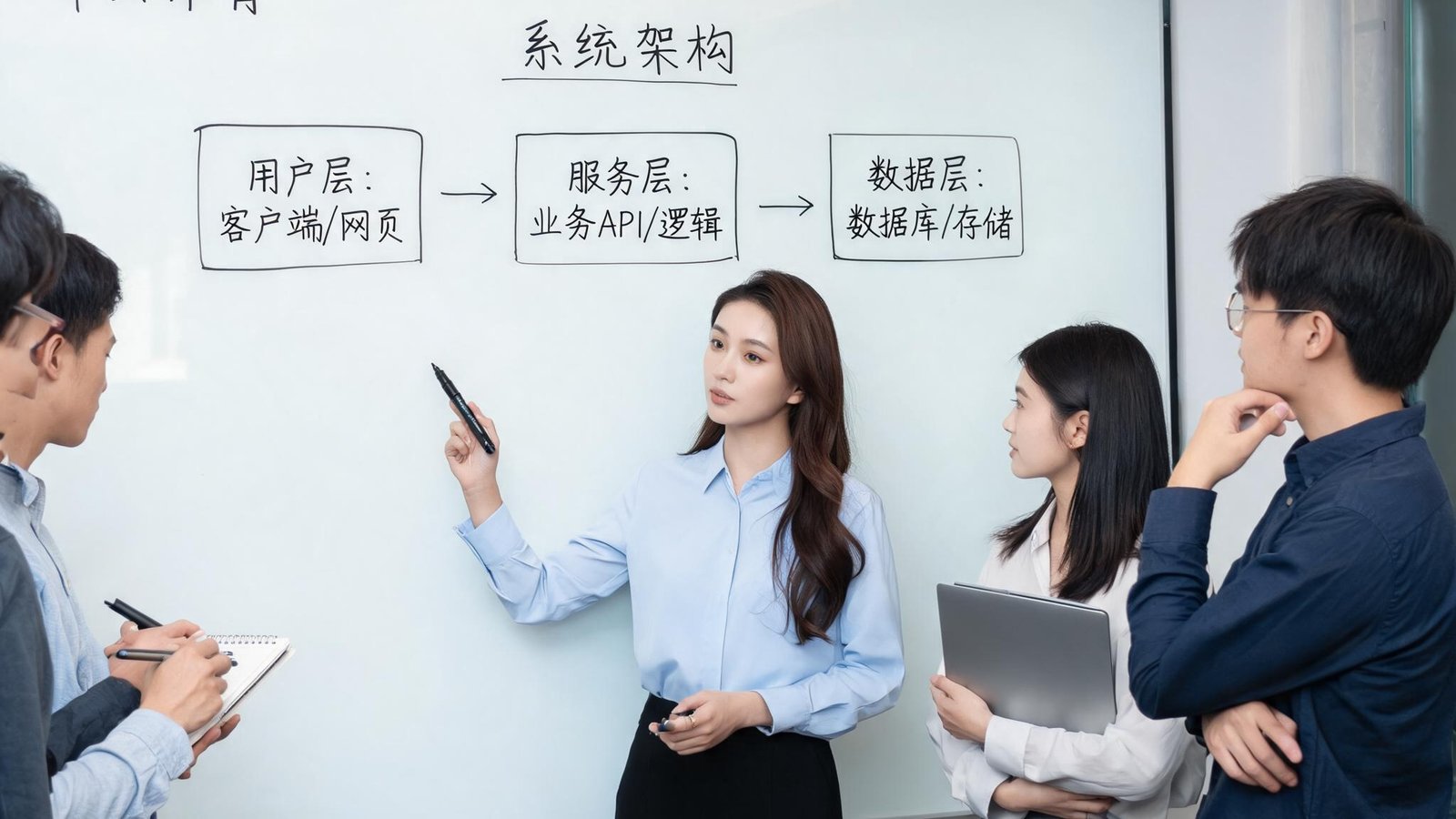 开云体育CTO李思涵，正在技术团队的白板前讨论系统架构